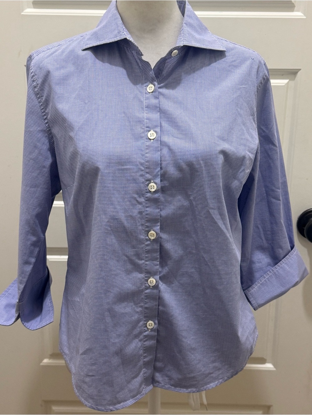 Faconnable. Blue & White Micro Gingham Cotton Button Down. Size Small.